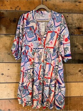 Rockman’s Printed Short Sleeve Mini Dress in Pink & Blue
